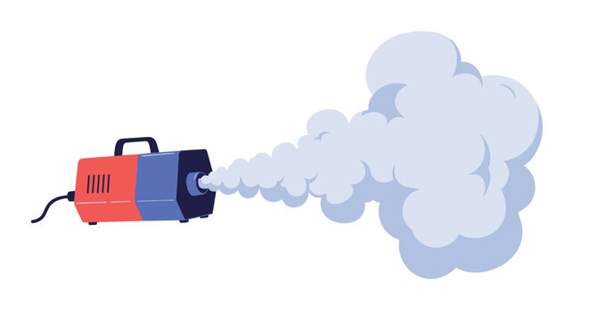 Red and blue portable fog machine produces a large thick cloud of white smoke or mist for special stage effects.