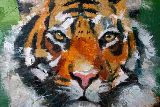 Dipinto ad olio della Tigre del Bengala. pennellate visibili con texture astratte e colori vivaci sui toni dell'arancione e del verde, ritratto frontale del grande gatto con striature nere e bianco