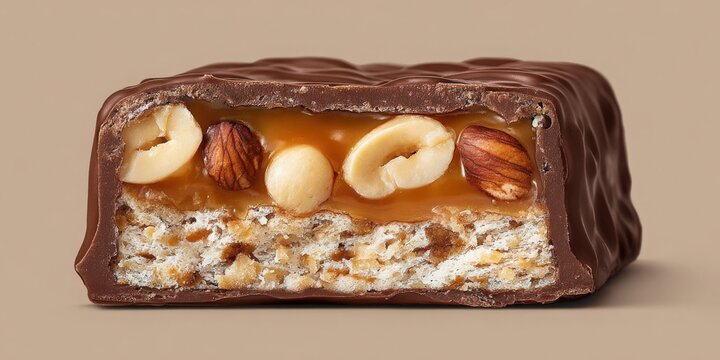 Chocolate bar cross-section with caramel, peanuts, and nougat layer
