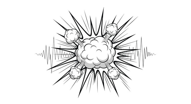 Dramatic black and white comic book style explosion features a large blast cloud and sharp radiating lines.