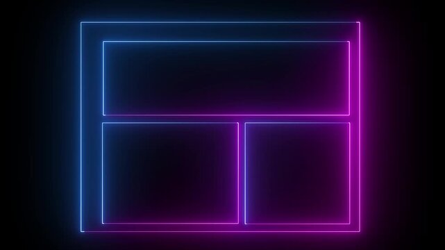 Glowing neon light display in a blank gallery frame on a wall in a modern room interior black background 4k video.