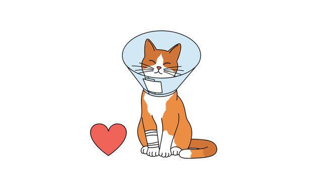 Cute ginger and white cat wearing a plastic medical Elizabethan cone sits next to a small red heart for health care.