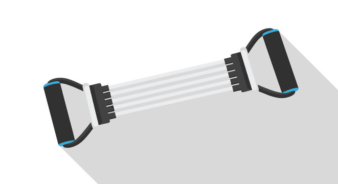 Chest expander resistance band with two black handles and multiple white elastic cords is used for fitness training.