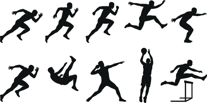 Athletic Sports Silhouette Set Featuring Male Athletes Running, Jumping, Hurdling, Shot Put Throwing, and Playing Basketball for Fitness, Competition, and Track and Field Designs