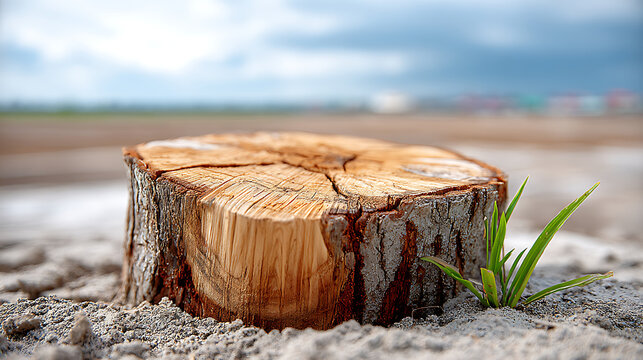 A tree stump stands in a barren deforested land, symbolizing environmental destruction and the loss of natural ecosystems.