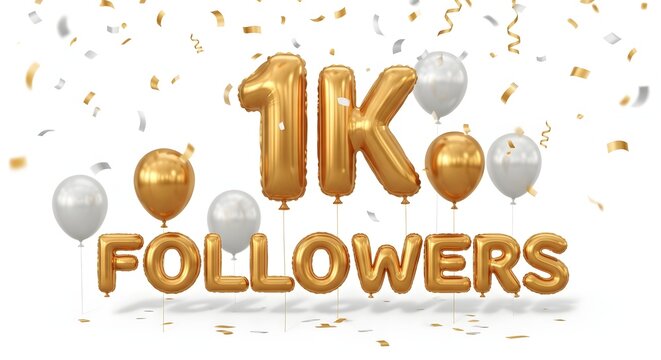 Celebrating 1k followers a milestone achievement with golden balloons
