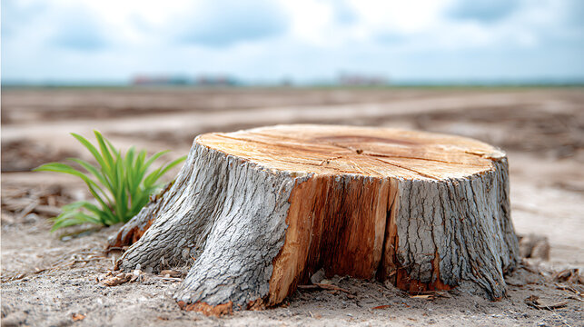 A tree stump stands in a barren deforested land, symbolizing environmental destruction and the loss of natural ecosystems.