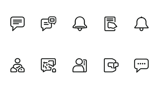 Sleek Notification Icon Set: A collection of minimalist notification icons featuring communication bubbles, bells, and user symbols, designed for intuitive digital interface design.