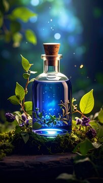 Enchanted elixir in a glass flask with botanical accents and ethereal glow