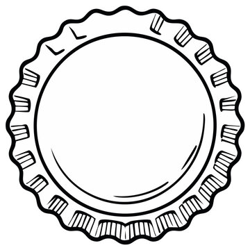 Black and white illustration of a bottle cap, circular design, isolated.