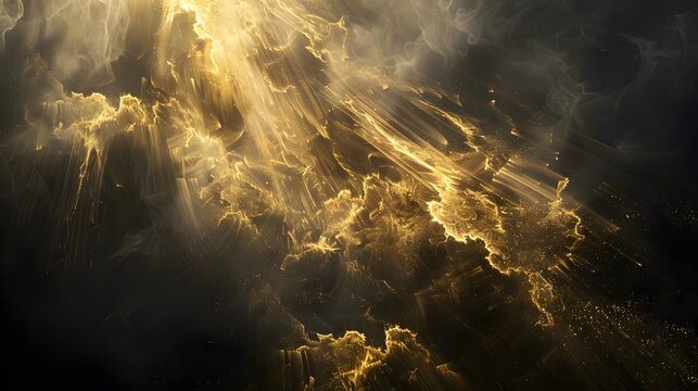 Golden light rays shining through dark clouds with smoke and particles