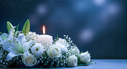 funeral condolence concept glowing candle white lilies roses floral arrangement moody dark blue background beautiful light bokeh copy space mourning sorrow grief bereavement remembrance © Celt Studio