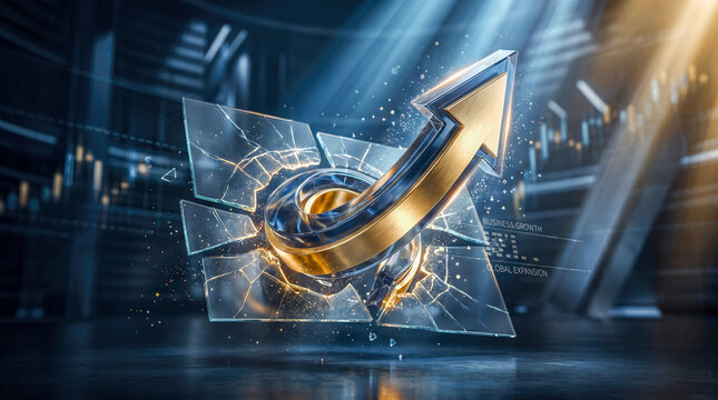 Golden arrow breaking through glass financial growth success business profit upward trend stock strategy investment wealth trading economy achievement concept background render