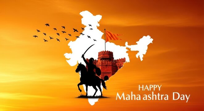 Silhouette of Shivaji Maharaj on horseback against a majestic fort and India map on Maharashtra Day