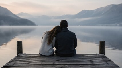 Fototapeta premium Romantic couple sitting on a wooden pier in a misty lake