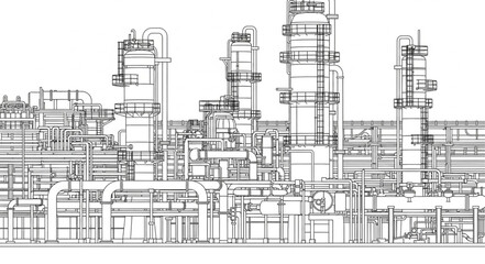 Fototapeta premium Industrial power plant with tall smokestacks and complex machinery.