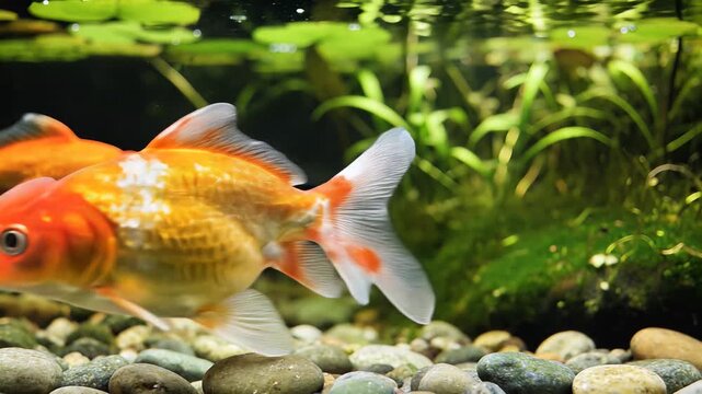 Closeup of Goldfish Swimming in a Freshwater Aquarium with Plants and Pebbles.