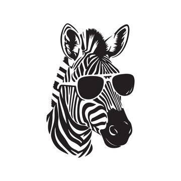 Cool Zebra Wearing Sunglasses. A funky black and white graphic icon of a stylized African animal. Vector stencil for a t-shirt print, logo, or modern mascot design