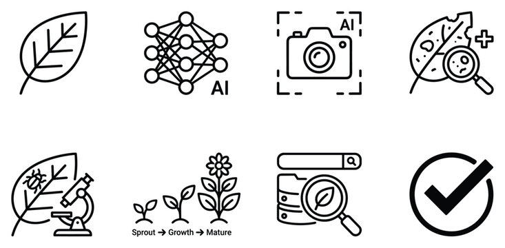 Artificial intelligence and biology icons leaf ai neural network camera plant growth microscope bug analysis checkmark.