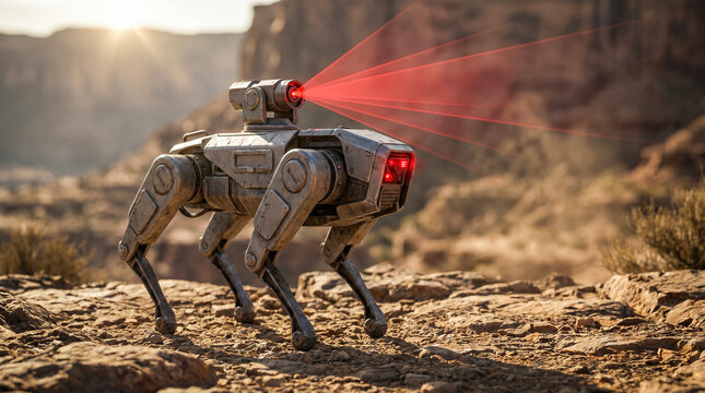 Robot dog scanning rocky desert terrain with red lasers futuristic automated technology mechanical quadruped exploring canyon landscape artificial intelligence security drone outdoor operation