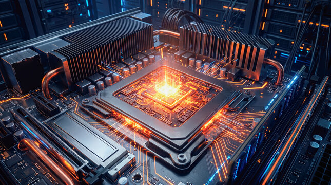 Glowing orange futuristic computer processor microchip central processing unit motherboard server rack dark background advanced cyber technology artificial intelligence electronic