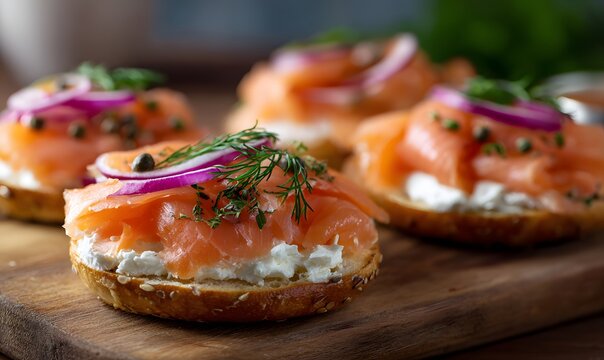 bagle with lox side view closeup