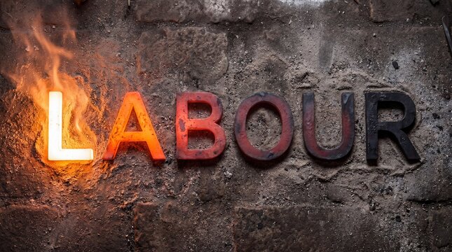 forged metal letters cooling heat gradient iron word glowing to black industrial forge process temperature transition ash stone floor dramatic 4K