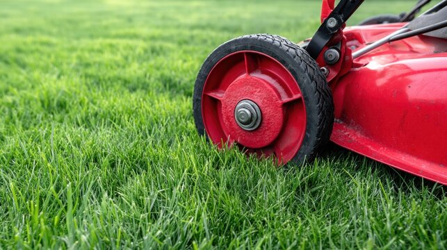 Close up red mower wheel and deck on lush green grass for lawn care maintenance background and garden banner