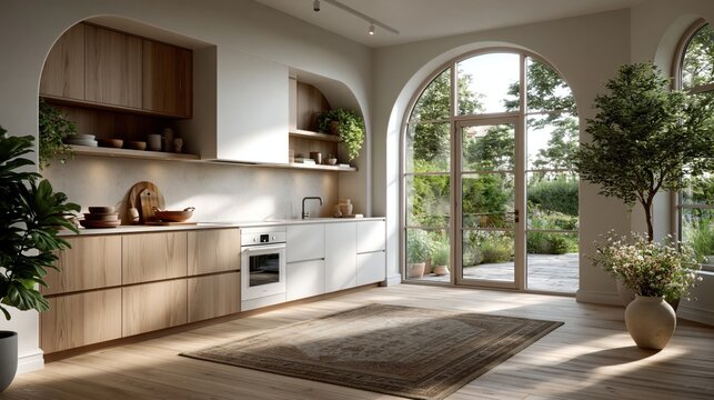 Spacious scandinavian minimal kitchen with integrated white and light ash wood cabinetry arched glass doors and indoor plants for interior design wallpaper