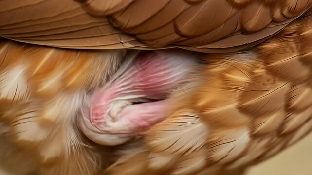 Close-up view of a bird's wing joint with tan, brown and white feathers