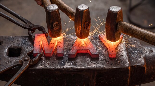 blacksmith hammers striking hot metal letters sparks explosion forging process anvil steel industrial action glowing metal workshop dramatic scene 4K