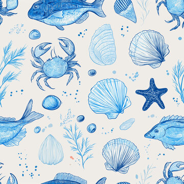 Blue hand drawn ocean life seamless pattern with fish, crabs, shells and starfish on white background, nautical marine sketch design for fabric and wallpaper