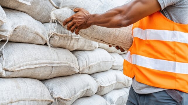 Man worker stacking sandbags flood barrier closeup for disaster prevention and emergency response background for flood protection and relief