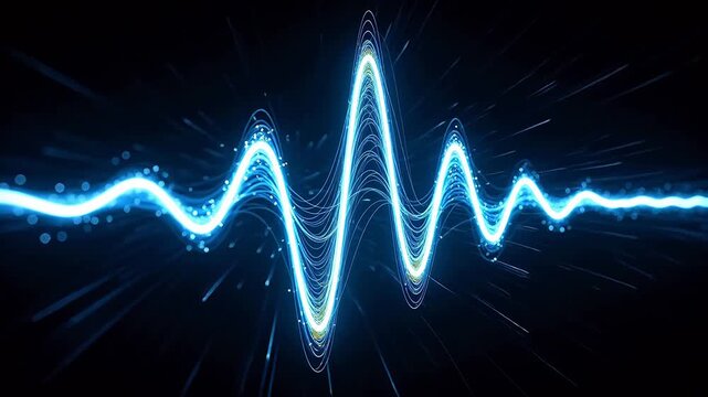 Abstract blue light waves with glowing lines and data points on dark background