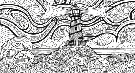 Naklejka premium Lighthouse guiding ships through stormy seas with bright light beams.