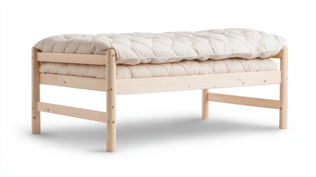 Low wooden bed with thick futon mattress in studio