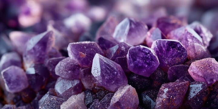 Close-up purple amethyst crystal cluster texture for background, gemstone macro banner and mineral pattern for design