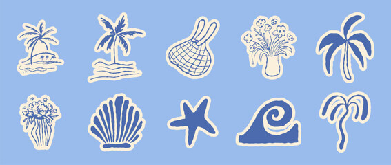 Obraz premium Vector hand drawn sketch doodle illustrations in naive art style, summer sea and beach vacation theme, stickers and drawing for tropical coastal prints