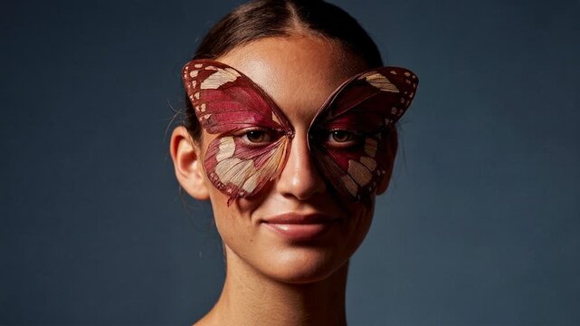 Woman with butterfly wings over eyes, artistic portrait. A close-up portrait of a woman's face with intricate butterfly wings artfully placed over her eyes