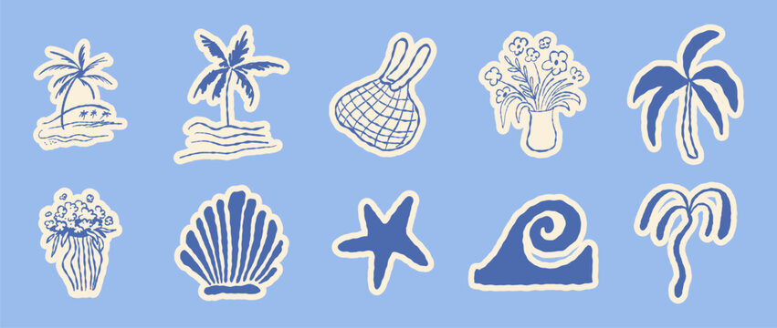Vector hand drawn sketch doodle illustrations in naive art style, summer sea and beach vacation theme, stickers and drawing for  tropical coastal prints