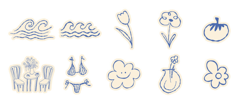 Vector hand drawn sketch doodle illustrations in naive art style, summer sea and beach vacation theme, stickers and drawing for  tropical coastal prints, posters and banners