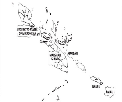 Black and white outline map of micronesia region showing marshall islands and palau