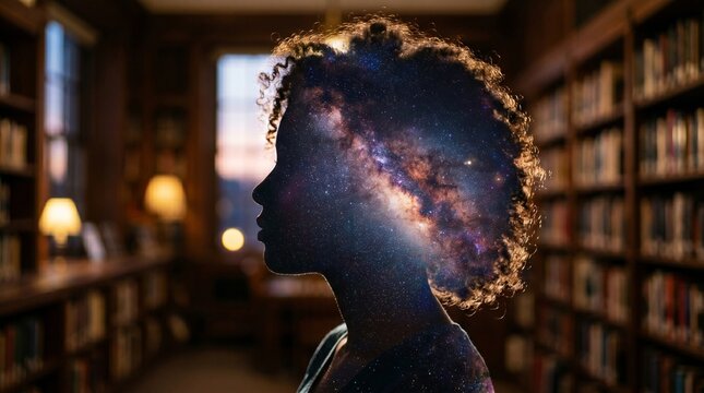 Silhouette of a woman with galaxy double exposure in a library.