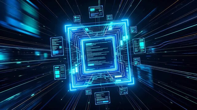 Futuristic digital interface with glowing blue cubes and floating holographic screens