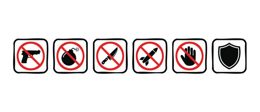 Prohibited Weapon Warning Sign Icons Set, No Violence Symbols Collection, Restricted Items and Defense Shield Pictograms for Safety Guidelines, Security Policy Regulations and Public Policy Restrictio
