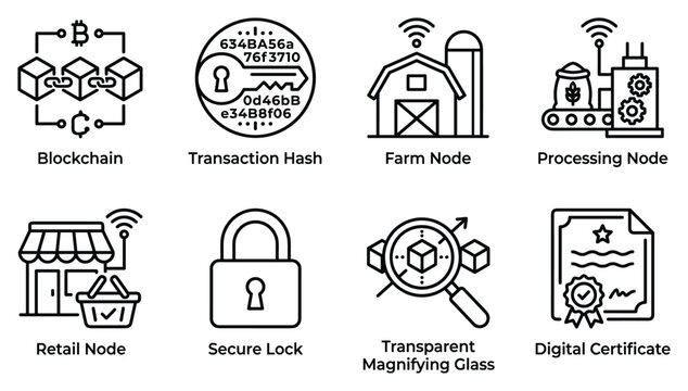 Blockchain technology and cryptocurrency icons set collection of digital assets and security.