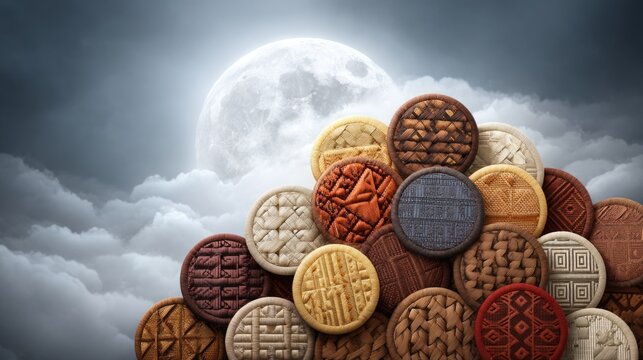 Collection of Traditional Embroidered Patches in a Cloudy Moonlit Setting