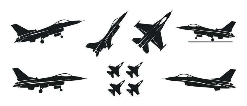 Fighter jet silhouette set, military aircraft vector icons in various flight positions, isolated on white background for air force design, aviation emblem collection, combat plane graphic elements.