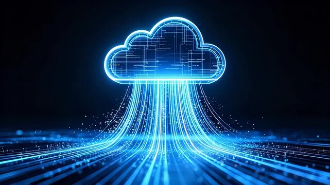Futuristic cloud computing concept with glowing cloud shape and blue data streams