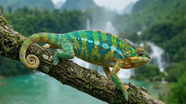 Close-up vibrant chameleon skin, exotic lizard slowly walking on branch, green mountain hills behind, 4K video